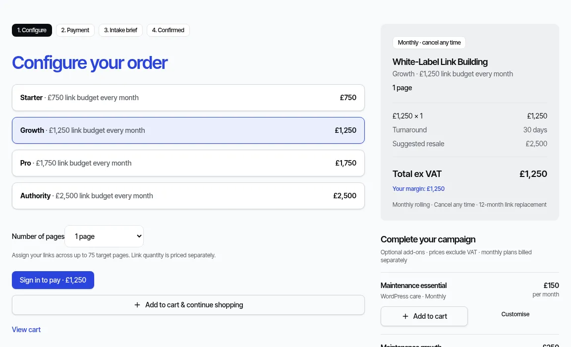 SEORUK order configuration screen, with payment before the client brief